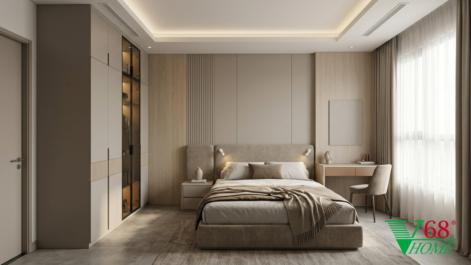 Phòng ngủ 2 Hiện đại ấm áp gỗ hoàn thiện mờ, đá, vải dệt, da và kính V68 Home