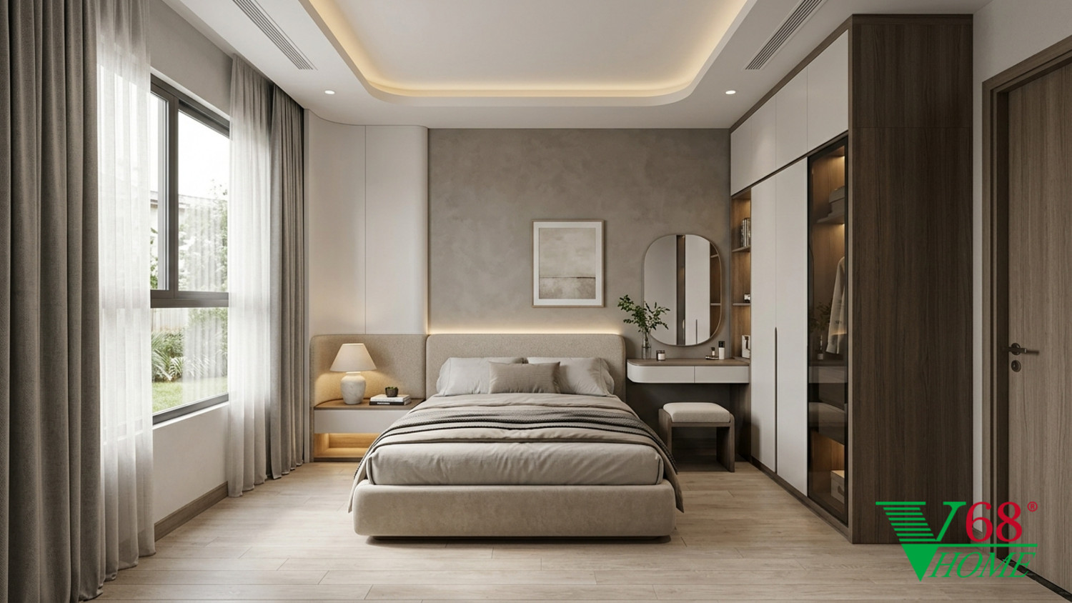 Phòng ngủ 3 Hiện đại ấm áp gỗ hoàn thiện mờ, đá, vải dệt, da và kính V68 Home