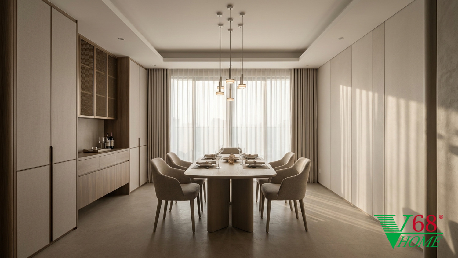 Phòng ăn Hiện đại ấm áp gỗ hoàn thiện mờ, đá, vải dệt, da và kính V68 Home