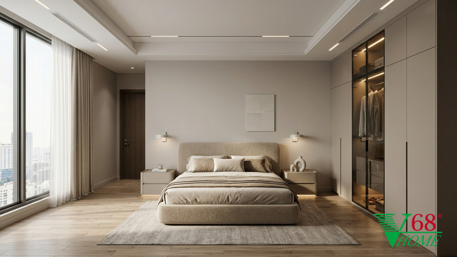 Phòng ngủ 1 Hiện đại ấm áp gỗ hoàn thiện mờ, đá, vải dệt, da và kính V68 Home