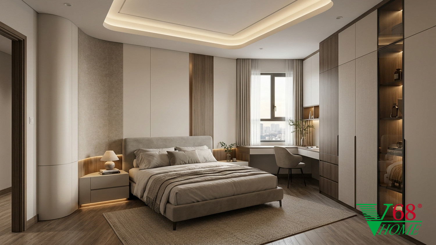 Phòng ngủ 2 Hiện đại ấm áp gỗ hoàn thiện mờ, đá, vải dệt, da và kính V68 Home