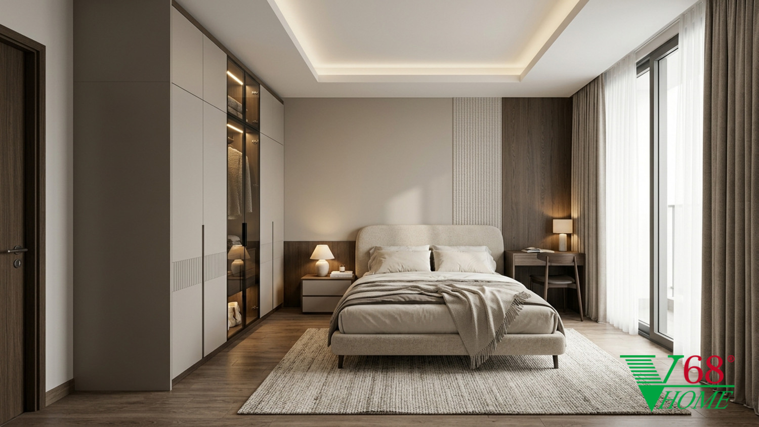 Phòng ngủ 3 Hiện đại ấm áp gỗ hoàn thiện mờ, đá, vải dệt, da và kính V68 Home